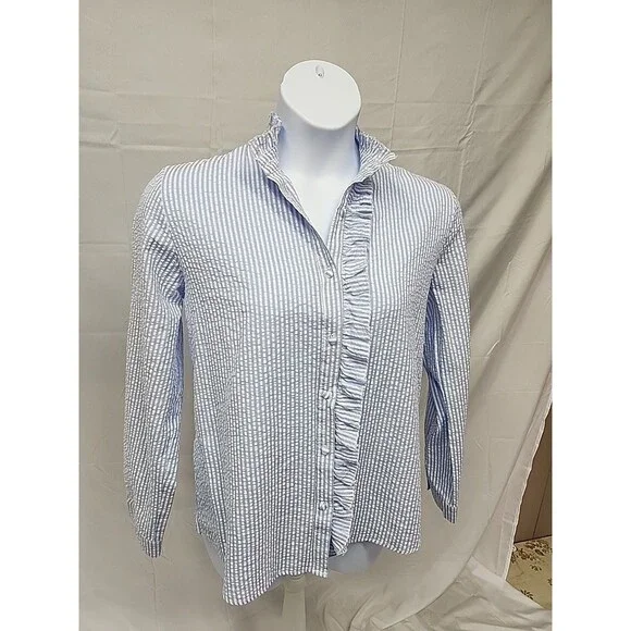 Women’s  Blue/White Striped Ruffle Detail  seersucker Button Up Blouse size XXL - Picture 2 of 9